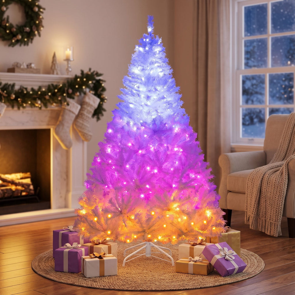 Airfind 6 Feet Artificial Christmas Tree Hinged Pre-Lit Xmas Tree with 11 Lighting Modes, White, Diameter of Stand 18 Inch /22 Inch
