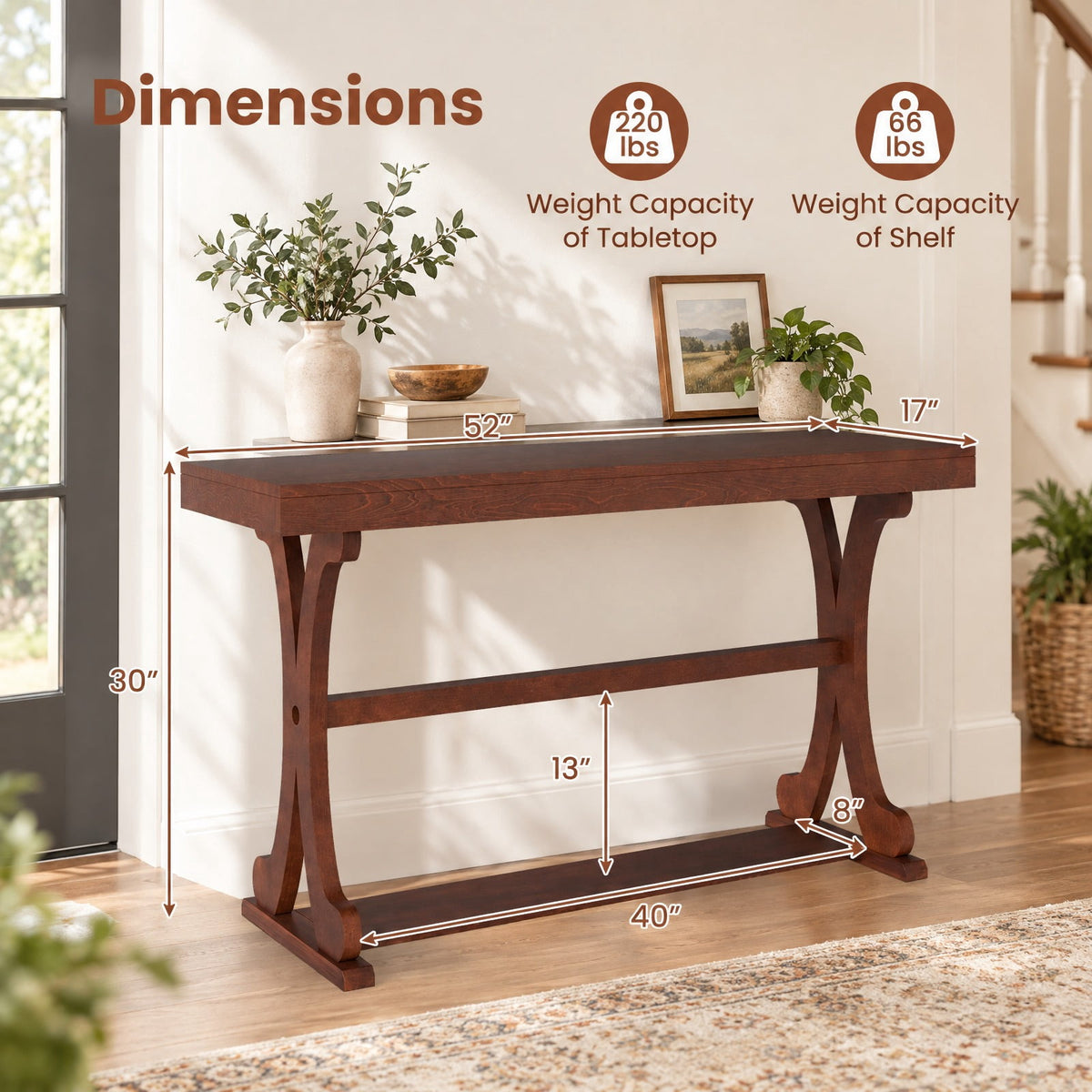 Airfind Narrow Console Table Vintage 52 Inch Long with Open Storage Shelf, 220 lbs Capacity, Solid Wood MDF Frame, 52 x 17 x 30 Footprint, Walnut