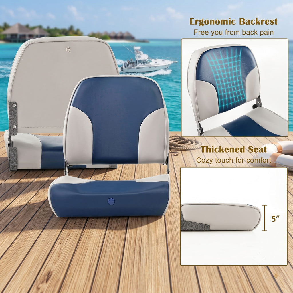 Airfind Low Back Folding Boat Seats Set of 2 with Thick Sponge Padding and Aluminum Hinges for Fishing and Pontoon Boats, Blue and Gray