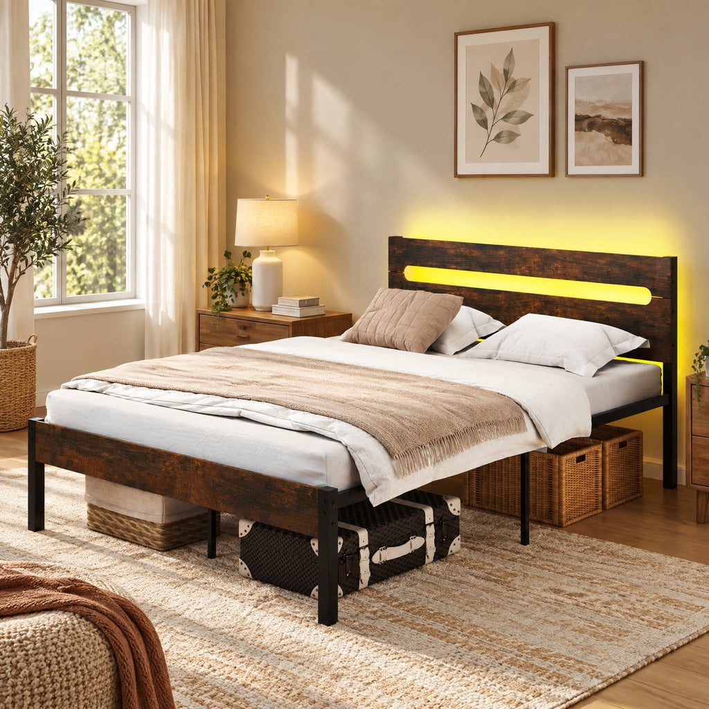 Airfind Heavy-Duty Metal Slats Support Bed Platform with Charging Station, 880 lbs Capacity, Metal Engineered Wood Frame, Brown