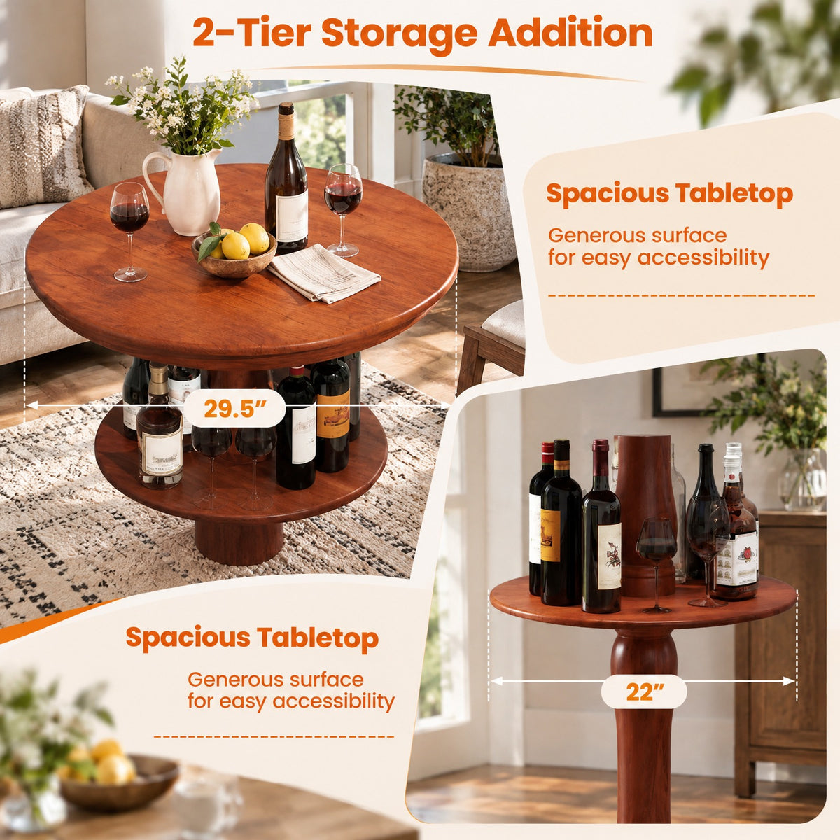 Airfind 2-Tier Round High Top Bar Table with Storage Shelf and Pedestal Base, 88 lbs Capacity, Rubber Wood MDF Frame, 29.5 Inch x 42 Inch Footprint