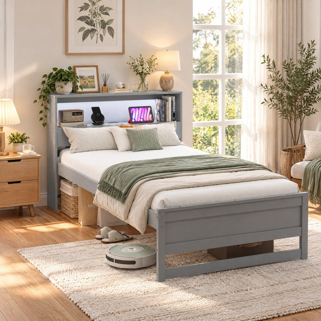 Airfind Twin Size Bed Frame with Storage Headboard and Charging Station, 200 lbs Capacity, Plywood Pine Wood MDF Engineered Wood Frame, Gray