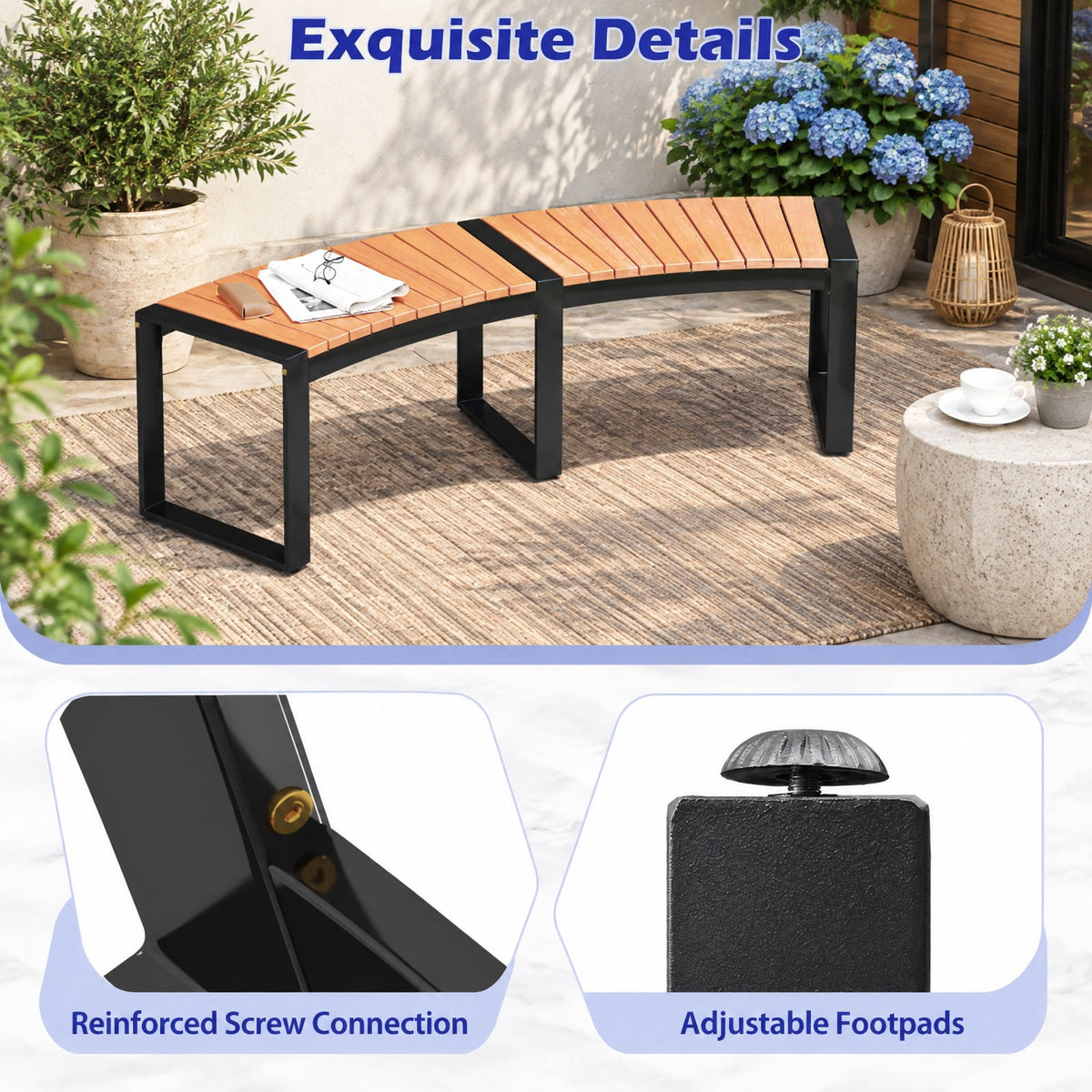 Airfind Patio Curved Bench with Slatted Seat and Metal Legs-1 Piece, 57.5 x 23 x 18Seat Depth 16Weight Footprint
