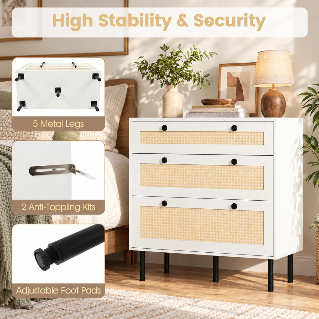 Airfind 3-Drawer Rattan Nightstand Boho Chest of Drawers for Bedroom, 66 lbs Capacity, Engineered Wood MDF Metal Frame, 29.5 x 14 x 31 Footprint