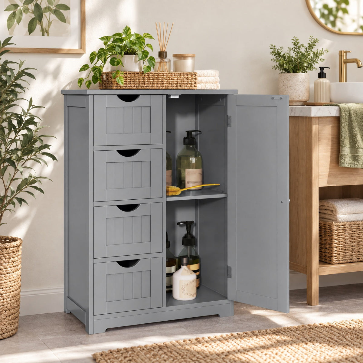 Airfind Standing Indoor Wooden Cabinet, with 4 Drawers, 143 lbs Capacity, MDF Engineered Wood Frame, 21.5 Inch x 12 Inch x 32.5 Inch Footprint, Gray