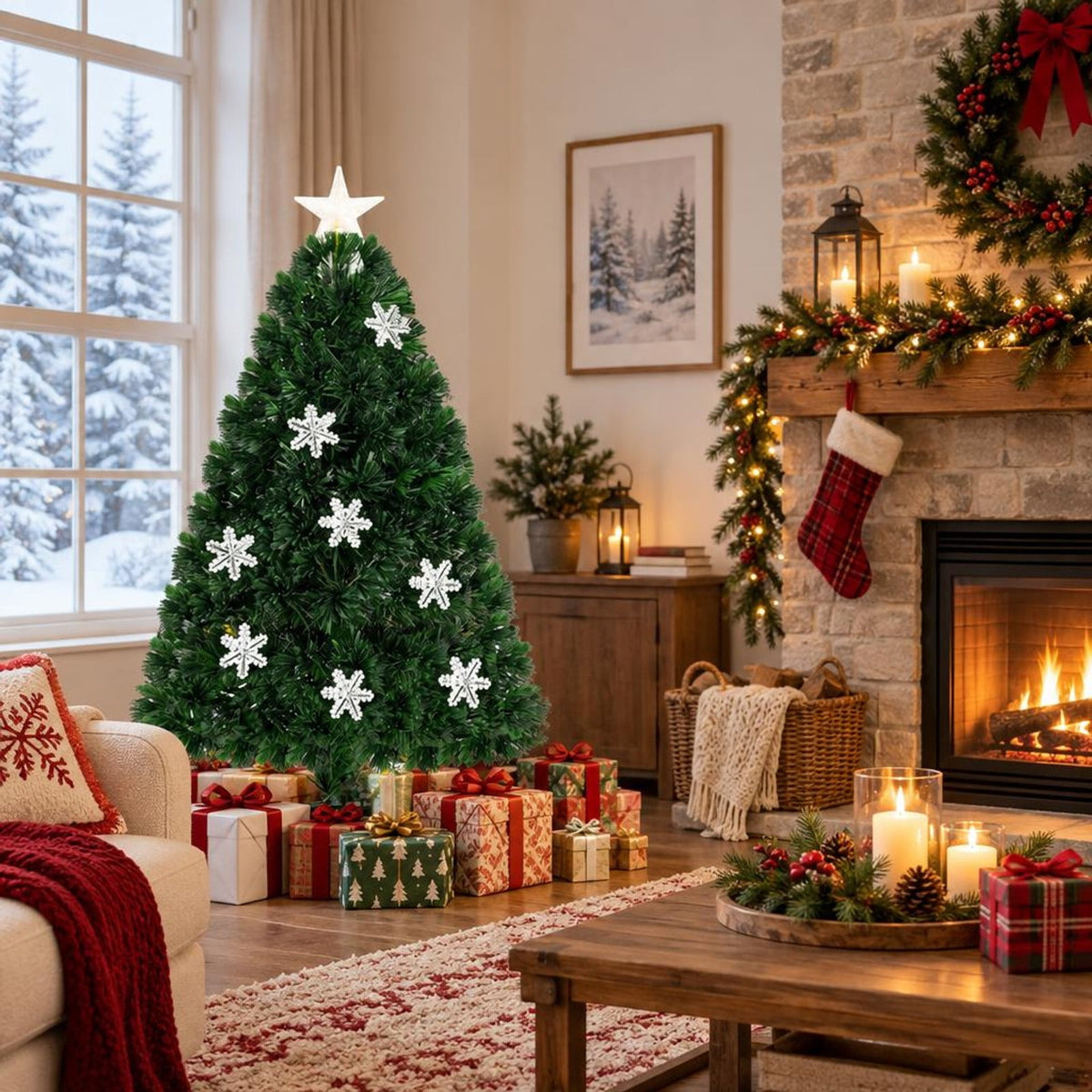 Airfind LED Optic Artificial Christmas Tree with Snowflakes-4 Feet, PVC Frame, 2.4 x 5 (Diameter x H) Height: 5 ft Weight: About 8 lbs Footprint