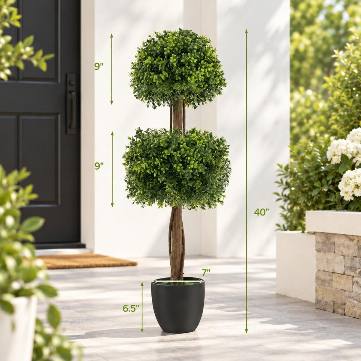 Airfind 40 Inch Artificial Boxwood Topiary Ball Tree for Front Porch Patio Home, PP Cement PE for Convenient Everyday Use, Green