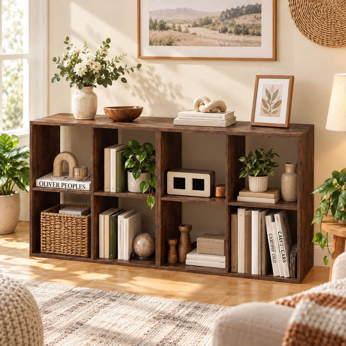 Airfind 4 Cube Bookshelf with Back Guardrail for Living Room Bedroom, 100 lbs Capacity, Engineered Wood Frame, 27.5 x 13 x 27.5 Footprint, Coffee