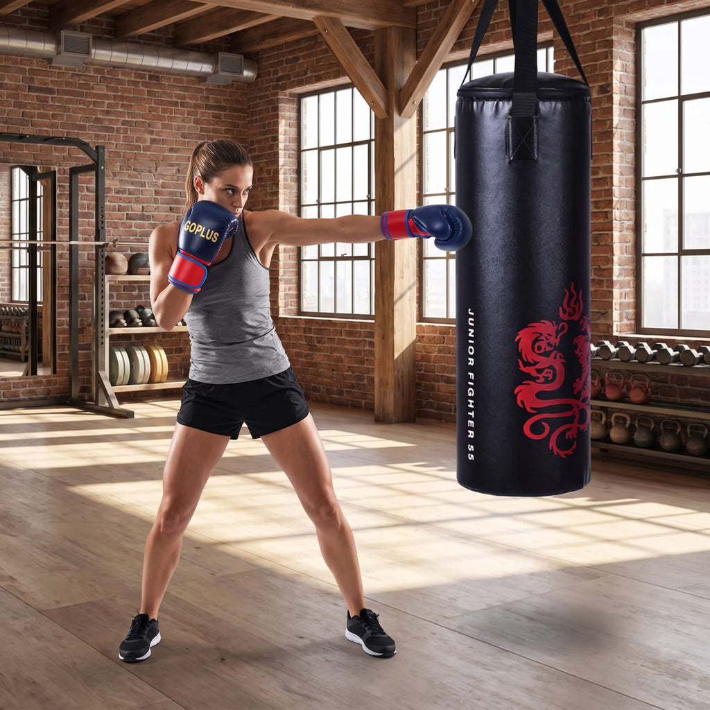 Airfind 5 Piece 40 Pound Filled Hanging Punching Bag Boxing Set with Gloves Jump Rope and Rucksack for Home Training, Black