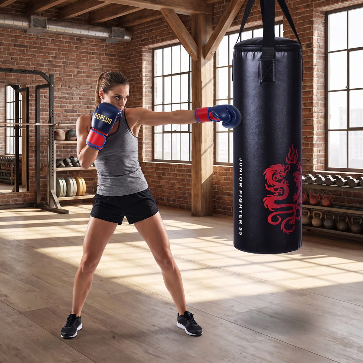 Airfind 5 Piece 40 Pound Filled Hanging Punching Bag Boxing Set with Gloves Jump Rope and Rucksack for Home Training, Black