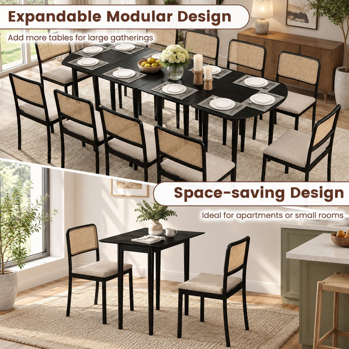 Airfind Extendable Oval Dining Table Set with 2 Half-Round Tables for 4-6 People, 260 lbs Capacity, MDF Rubber Wood Frame, Black