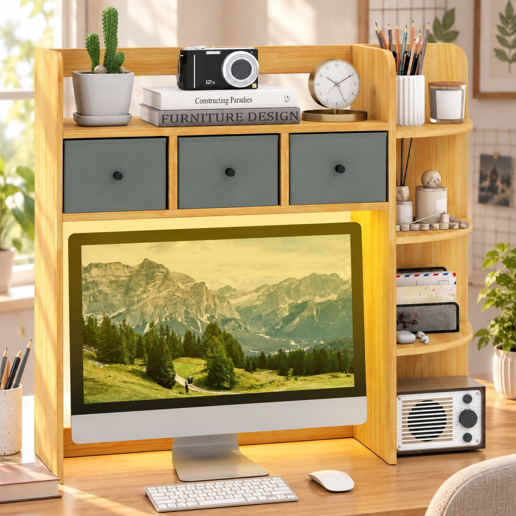 Airfind Desktop Bookshelf with LED Lights 5-Tier Shelves and 3 Drawers for Home Officce, 88 lbs Capacity, Engineered Wood Fabric Frame, Brown