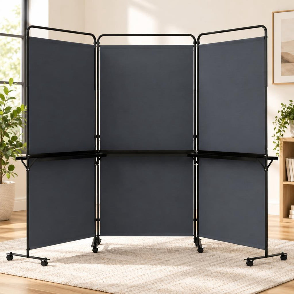Airfind 3-Panel Room Divider with Shelves 6 FT Tall Folding Privacy Screen with Lockable Wheels, Polyester Fabric Metal Frame, Grey