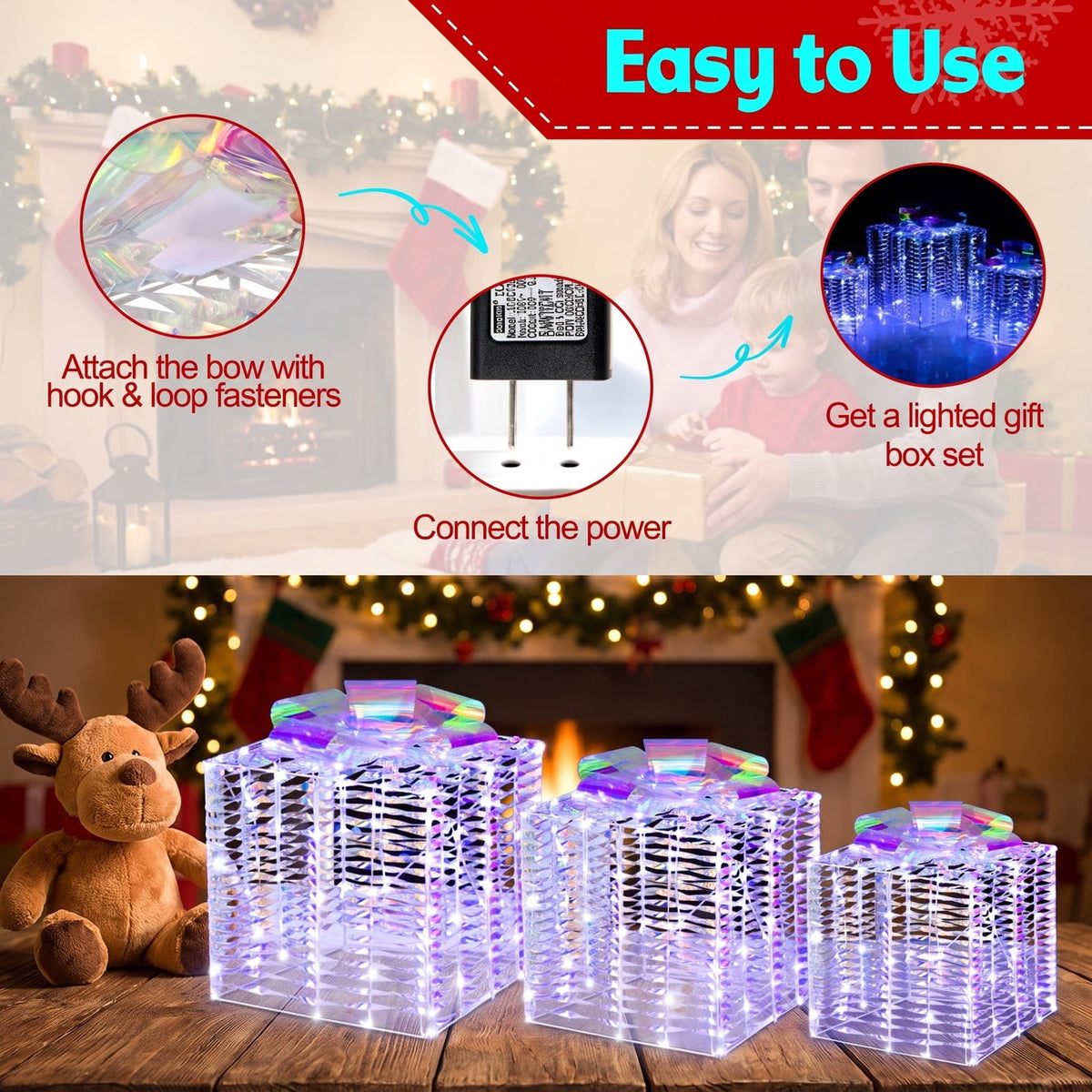 Airfind Iridescent Christmas Gift Box, Set of 3 Christmas Gift Box with Bows, PVC Metal Large, 13 Inch x 13 Inch x 13 Inch (L x W x H) Medium, Iridescent