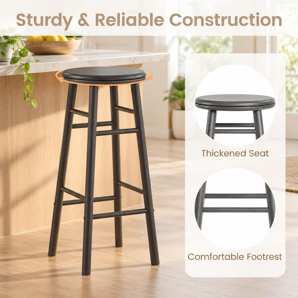 Airfind 29in Swivel Bar Stools Set of 2 with Footrests and Crossbars, 330 lbs Capacity, Rubber Wood Frame, 13in x 13in x 29in Footprint, Gray