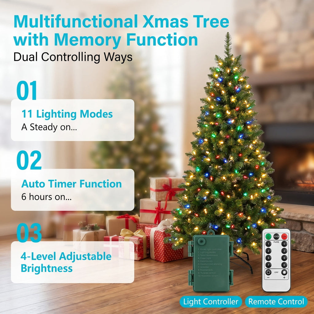 Airfind 7 Feet Artificial Xmas Tree Hinged with 11 Lighting Modes and Remote Control-7 ft, Green, Diameter of Stand 18/20/22