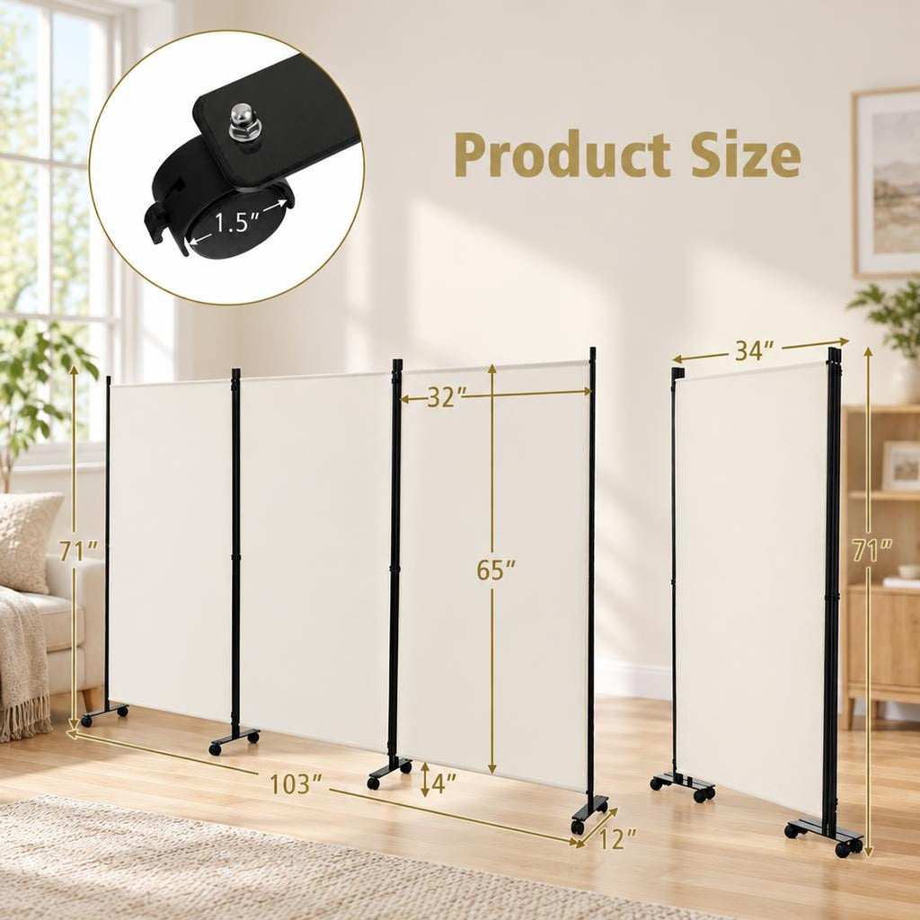 Airfind 3 Panel Folding Room Divider with Lockable Wheels, Metal Polyester Fabric Tiled Frame, 103 x 12 x 71 Footprint, White
