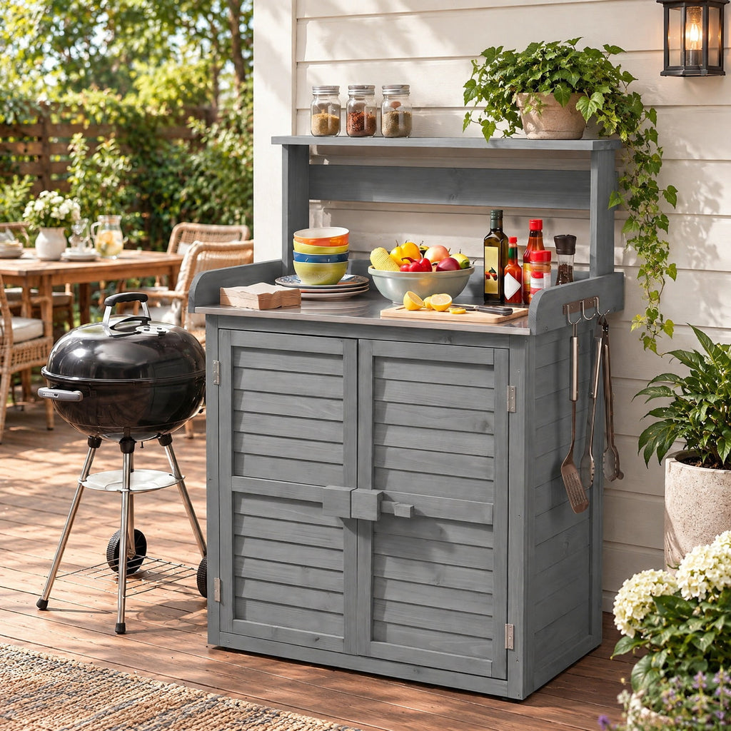 Airfind Wood Plant Workstation with Stainless Steel Tabletop and Removable Shelves, 110 lbs Storage Shelf Capacity, Fir Wood Stainless Steel Frame