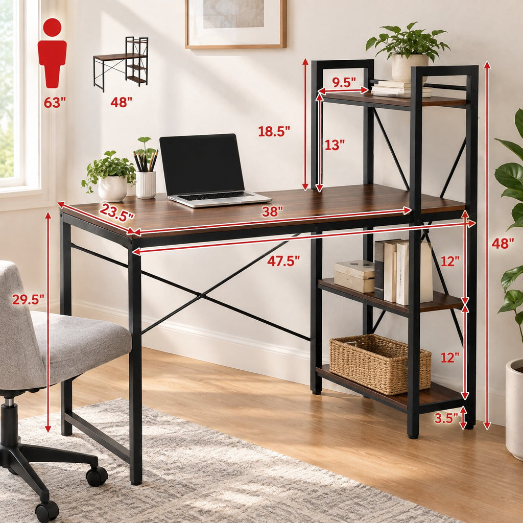 Airfind 47.5 Inch Writing Study Computer Desk with 4-Tier Shelves, P2 MDF Iron Frame, Tan, Product size 47.5in x 24in x 48in (L x W x