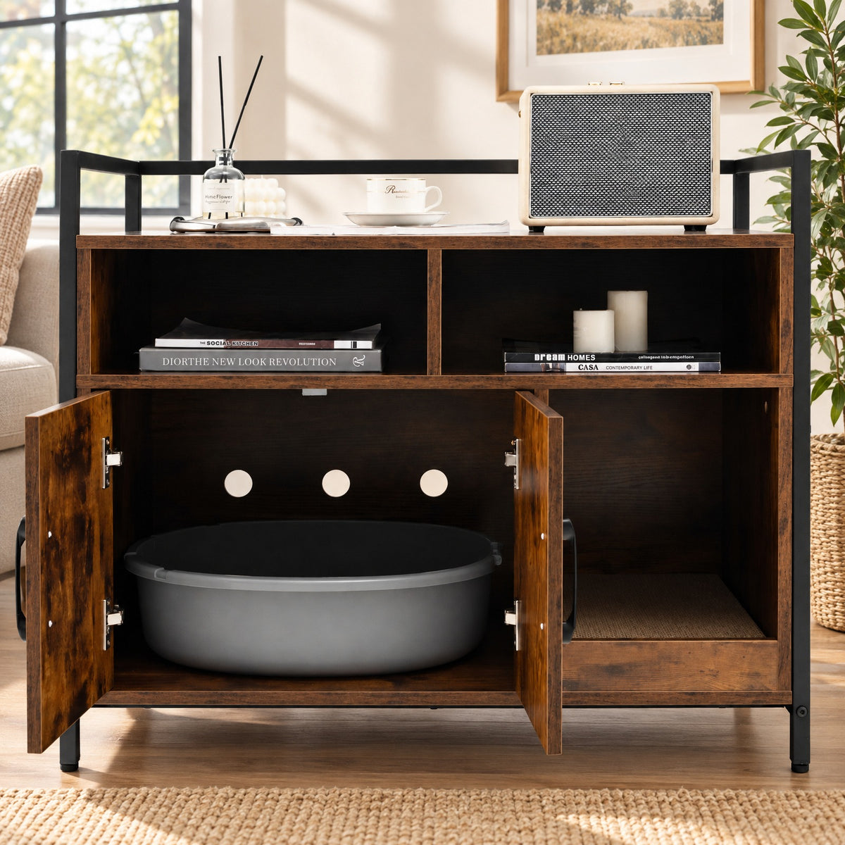 Airfind Hidden Cat Washroom with Double Doors and Scratch Cardboard, MDF Metal Frame, 35 x 17.5 x 29.5 Compartment Footprint, Coffee