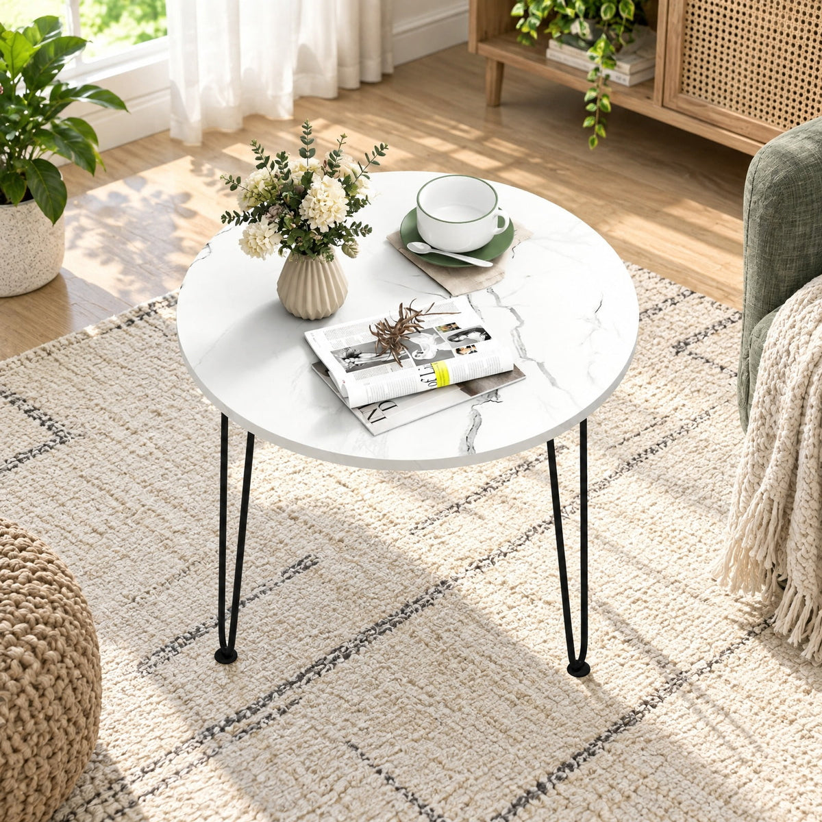 Airfind Round Coffee Table with Thickened Tabletop and Metal Tripod Legs, 23.5 x 23.5 x 18.5Weight Footprint, White