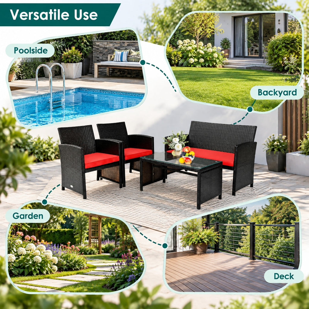 Airfind 4 Pieces Patio Rattan Cushioned Furniture Set, Rattan Frame, 43.5 x 25 x 31 Footprint, Red