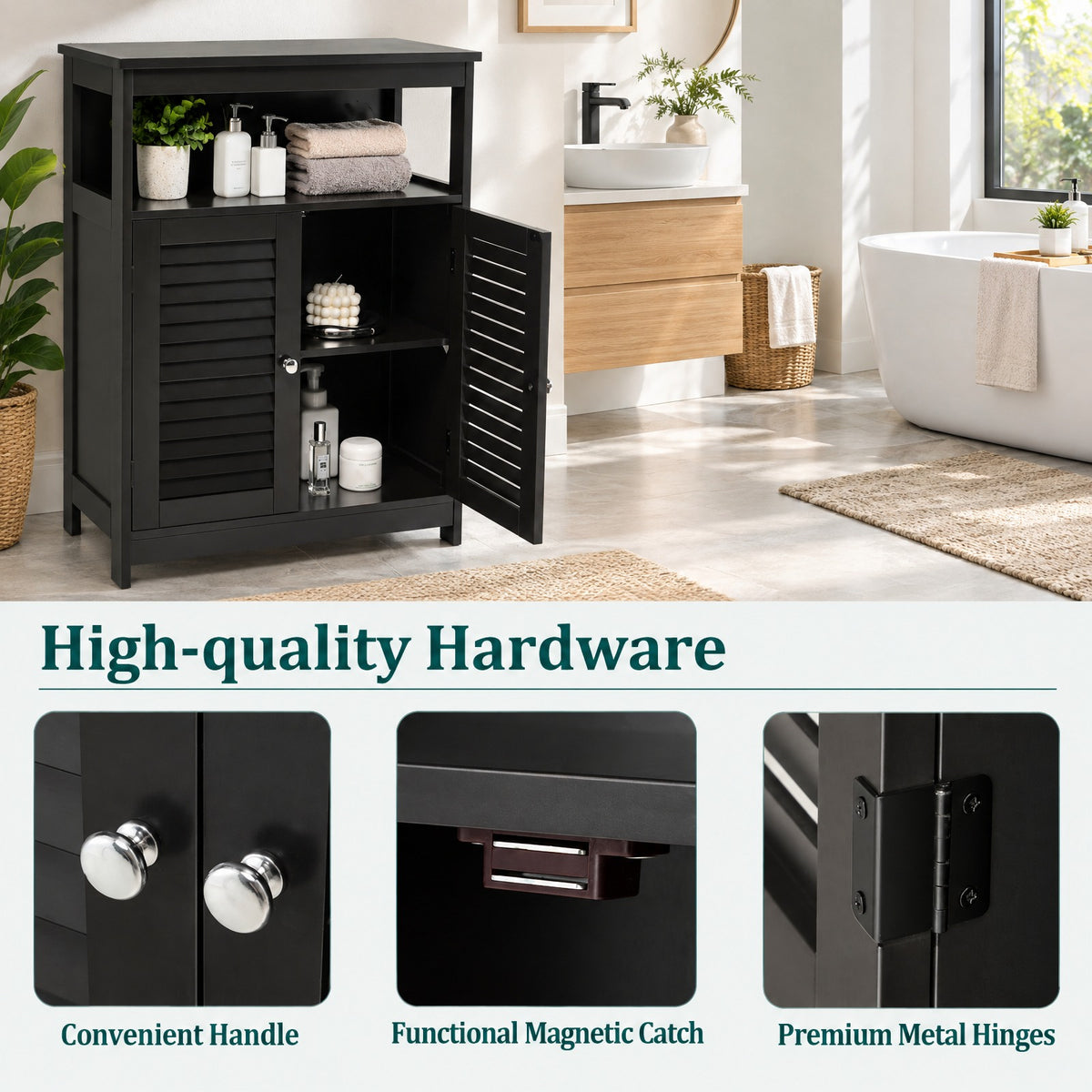 Airfind Wood Freestanding Bathroom Storage Cabinet with Double Shutter Door, 77 lbs Capacity, P2 MDF Frame, 23.5in x 12in x 31.5in Footprint, Black