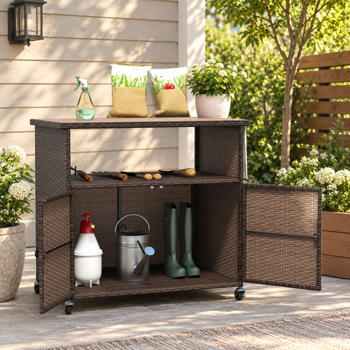 Airfind Outdoor Storage Cabinet with Acacia Wood Top and Lockable Wheels, 180 lbs Capacity, PE Rattan Acacia Wood Metal Frame, Black