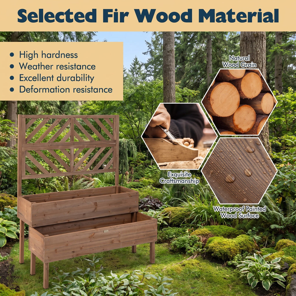 Airfind 2-Tier Raised Garden Bed with Trellis, Fir wood Frame, 43 x 24.5 x 53 (L x W x H) Interior Footprint, Brown