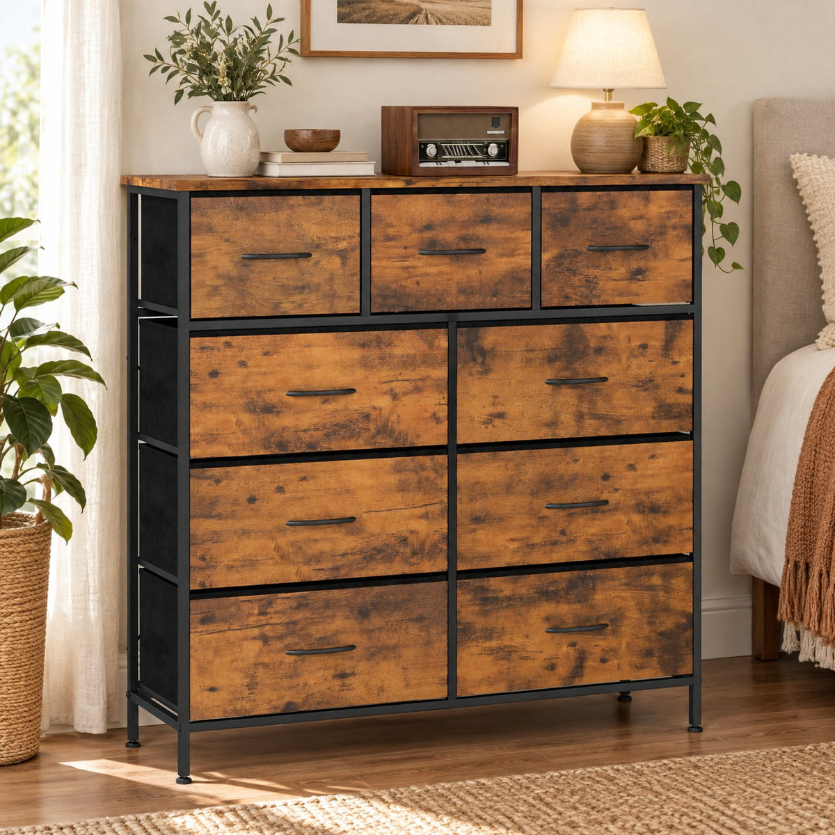 Airfind 9-Drawer Fabric Dresser with Wooden Top for Bedroom, 135 lbs Capacity, Metal MDF Non-Woven Fabric Frame, 39.5 x 12 x 39.5 Footprint