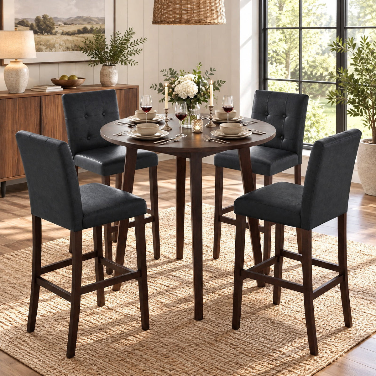 Airfind PVC Dining Leather Bar, Set of 4, Stools with Solid Wood Legs-29 inch, 353 lbs Capacity, PVC rubber wood Frame, Wood, Natural