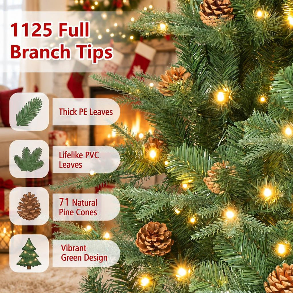 Airfind 7.5 ft Pre-Lit Artificial Christmas Tree with 540 Warm White LED Lights, 71 Pine Cones, 1125 Branch Tips and Folding Metal Stand, Green