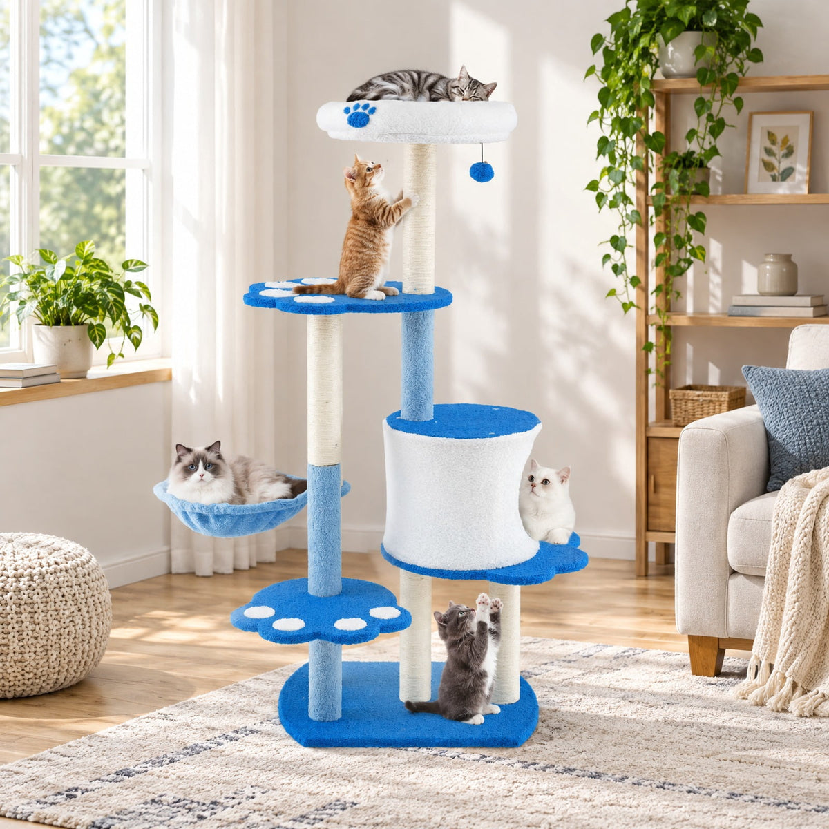 Airfind 54 Inches Tall Modern Cat Tree Tower for Indoor Cats, 22 lbs Capacity, Teddy Plush Fabric Sisal Engineered Board Frame, Blue