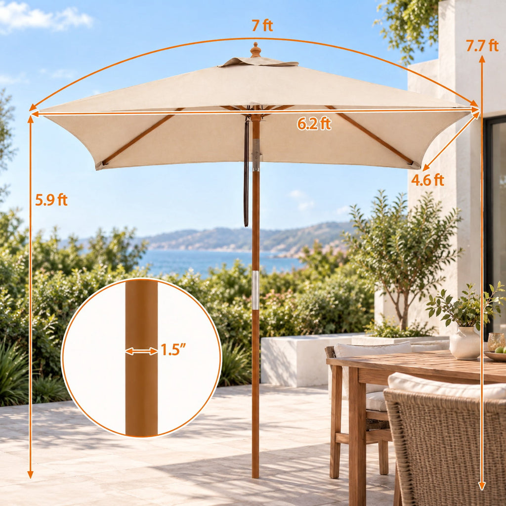 Airfind 7 Feet Outdoor Rectangular Patio Umbrella with 3 Adjustable Heights, Fabric Hardwood Bamboo Frame, 7 x 5.5 x 7.7 ft Umbrella Footprint