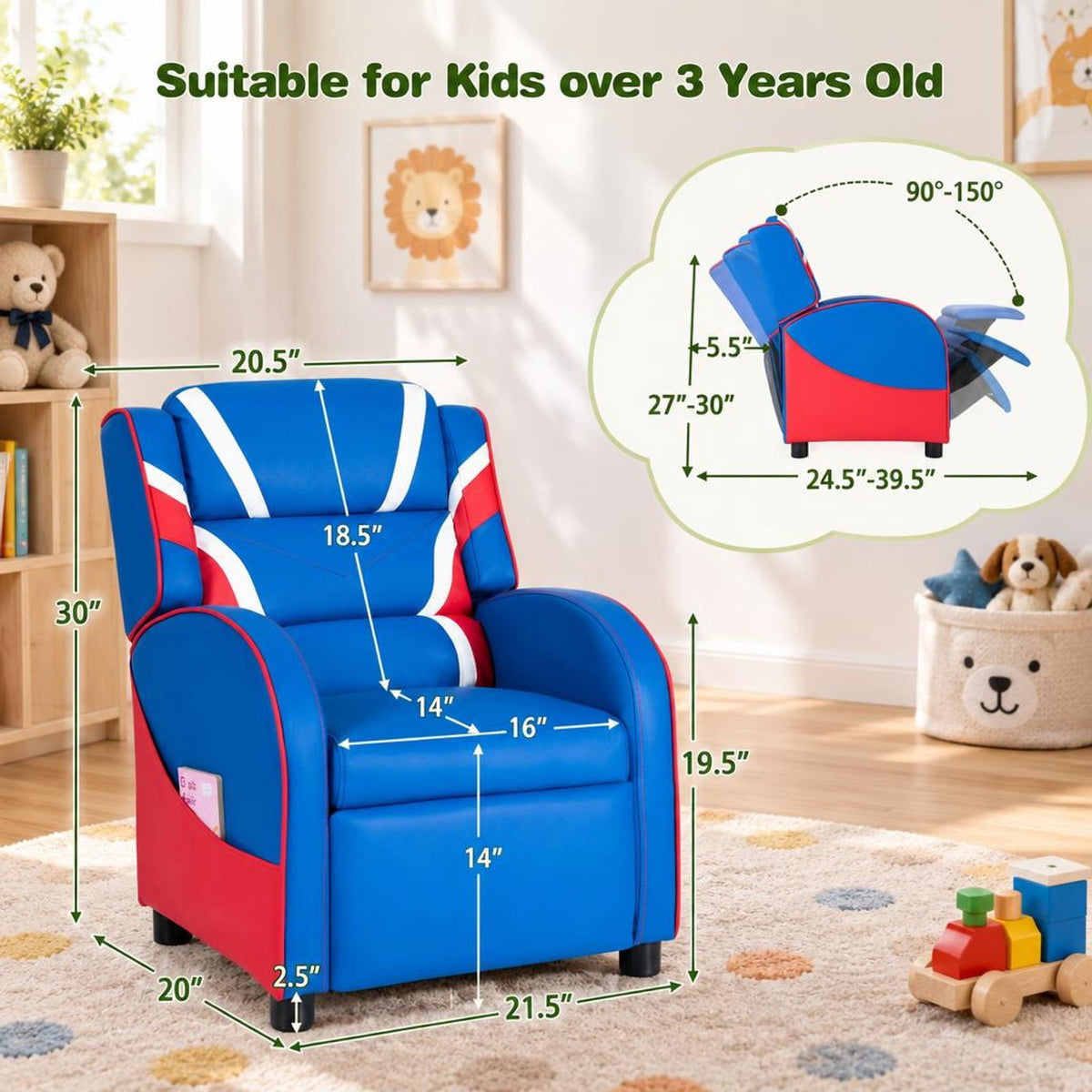 Airfind Kids Leather Recliner Chair with Side Pockets, Solid wood PU leather sponge plastic iron Frame, for 3-9 years old, Blue