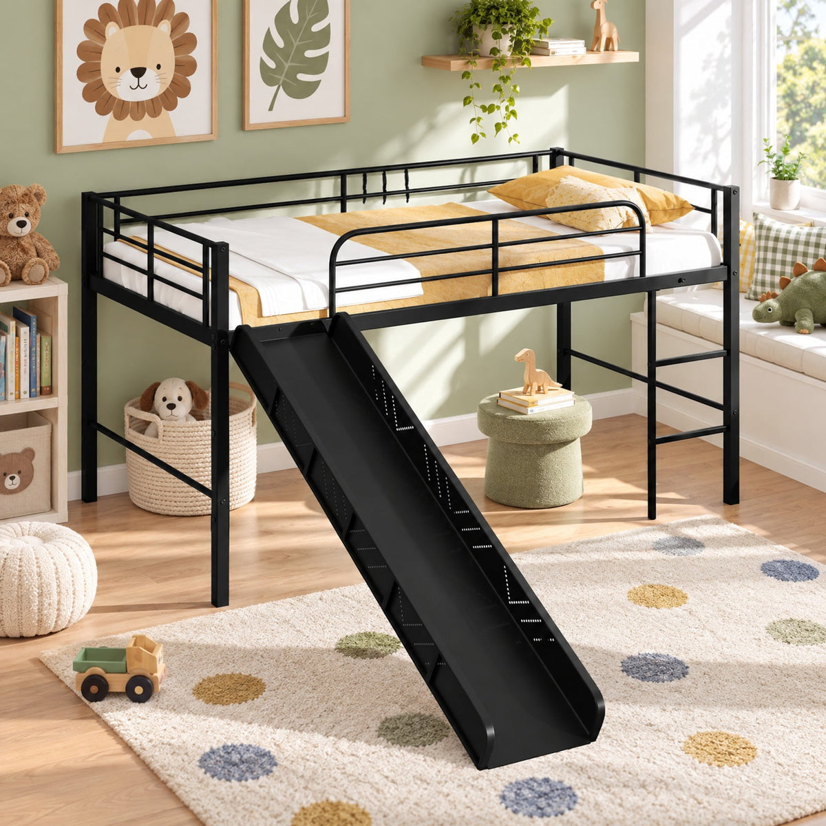 Airfind Twin Metal Loft Bed with Slide Safety Guardrails and Built-in Ladder, 330 lbs Capacity, Steel Frame, 78 x 98 x 43 Footprint, Black