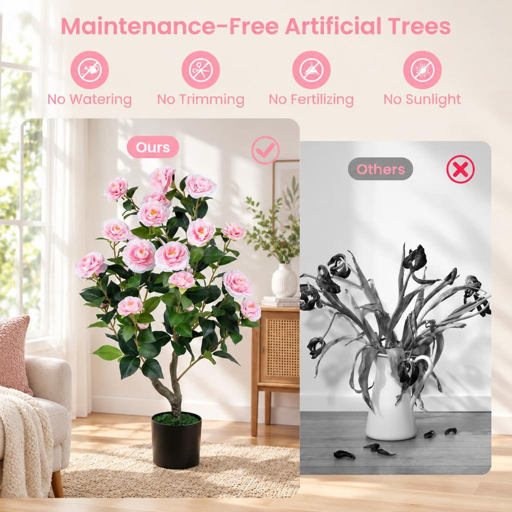 Airfind Artificial Camellia Tree Faux Flower Plant in Cement-Filled Pot, PE PP Cement Overall Height 35.5 Flower Pot Height 5 Flower Pot Frame