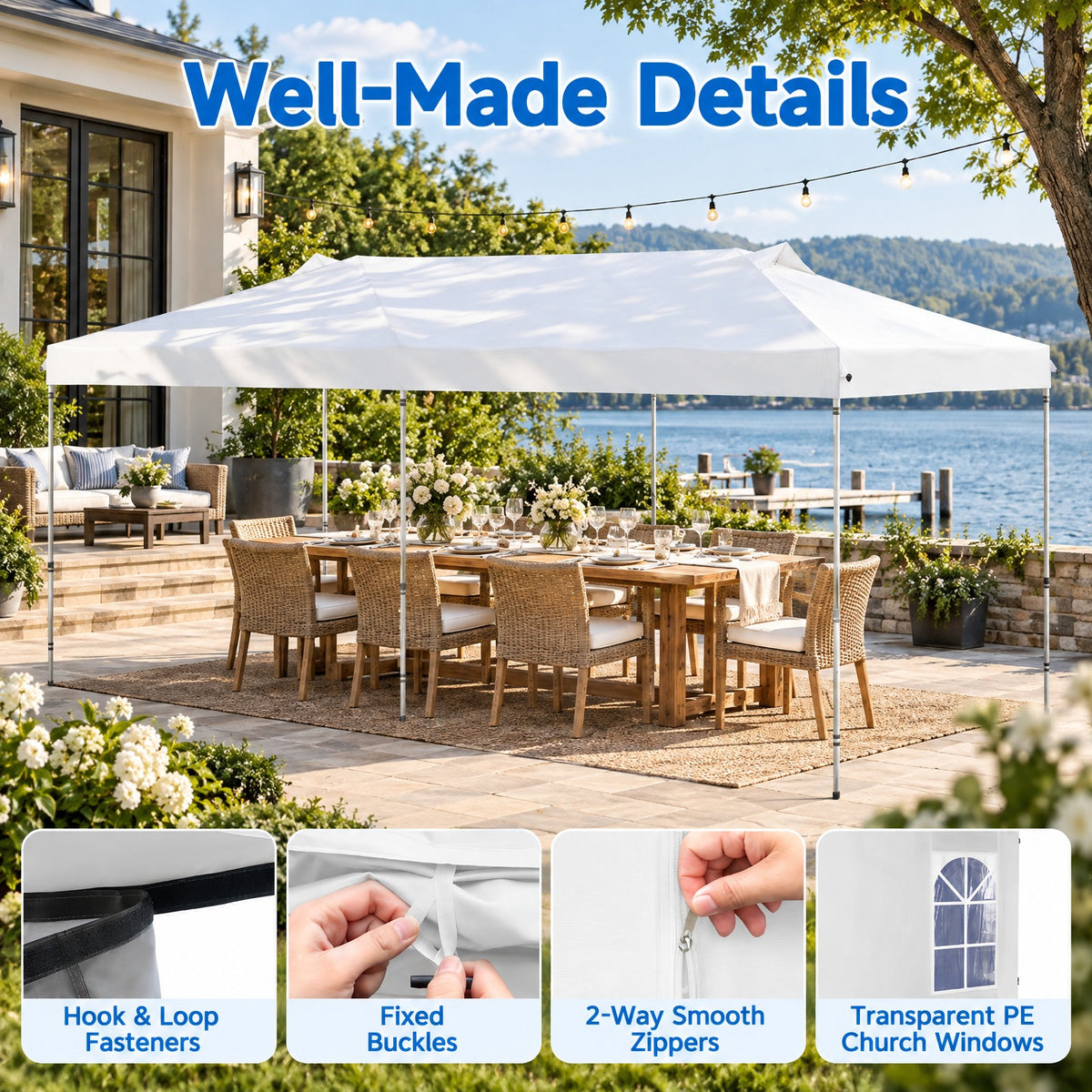 Airfind 10 x 20 FT Pop Up Canopy Tent with 6 Sidewalls and Adjustable Height, PE Metal Fabric Frame, 20 x 10 x 8.5/8.2/7.9 ft Footprint, White