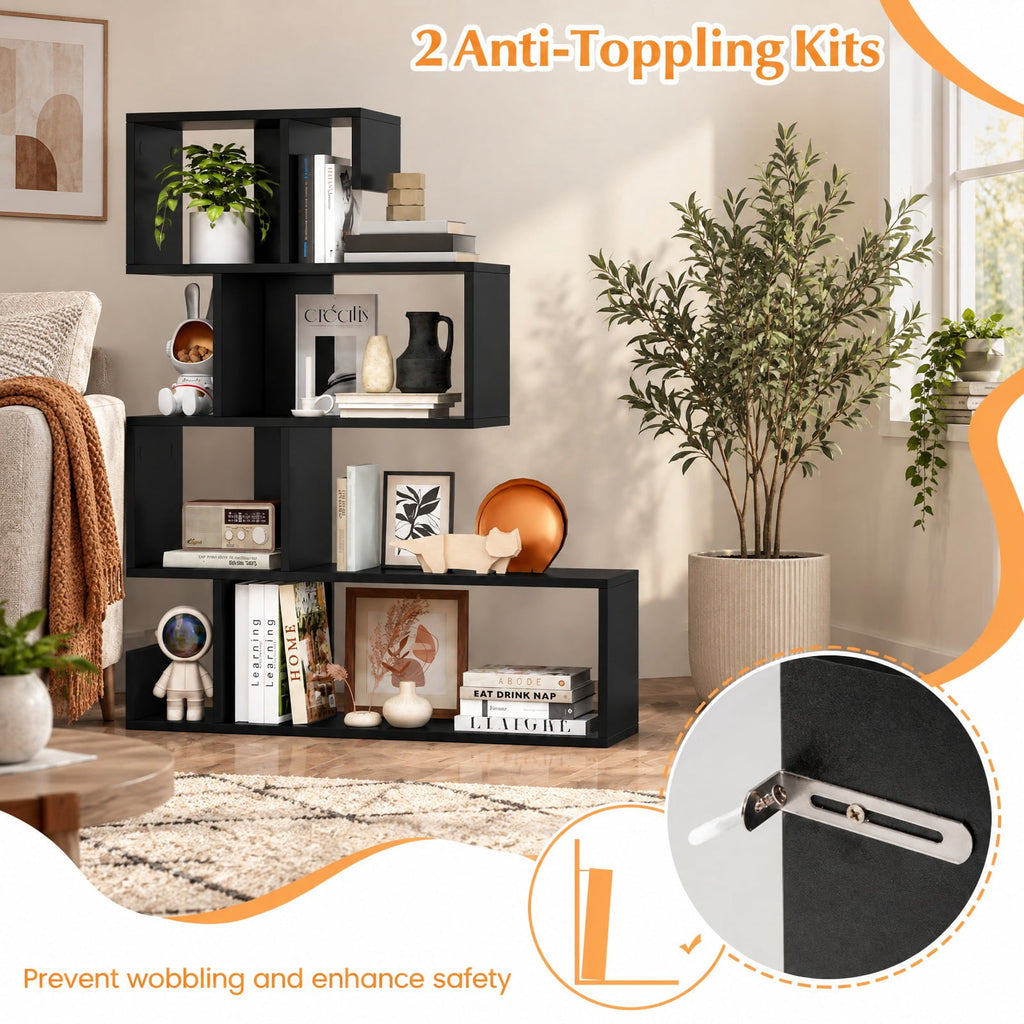 Airfind 5-Tier S-Shaped Bookshelf Geometric Z-Shelf Bookcase with Open Cubes, 44 lbs Capacity, Engineered Wood Frame, 31.5 x 8.5 x 39.5 Footprint