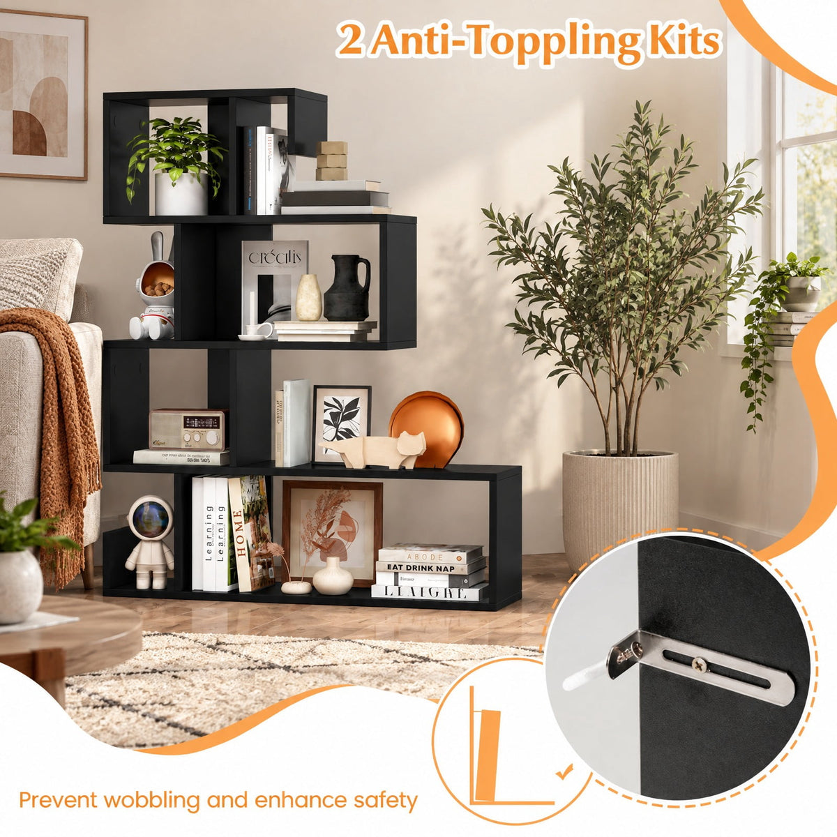 Airfind 5-Tier S-Shaped Bookshelf Geometric Z-Shelf Bookcase with Open Cubes, 44 lbs Capacity, Engineered Wood Frame, 31.5 x 8.5 x 39.5 Footprint