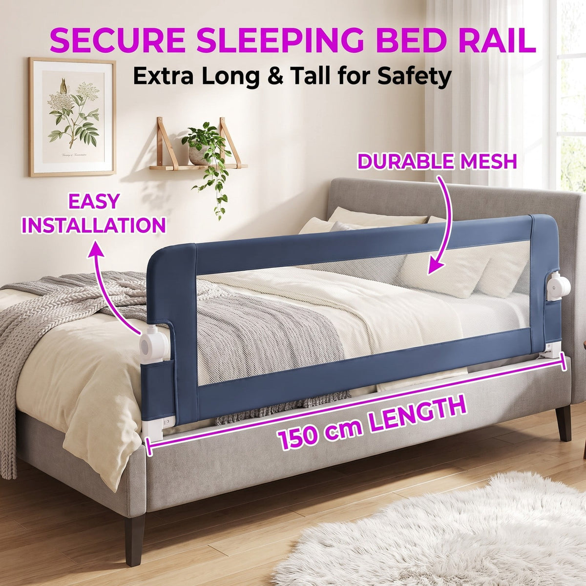 Airfind 71-Inch Foldable Bed Rail Swing Down Baby Bed Guard Rail with Adjustable Safety Strap, Metal Oxford Cloth PP Cotton, Blue