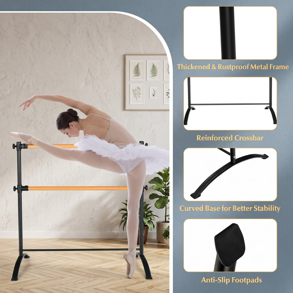 Airfind 4 Foot Freestanding Double Ballet Barre with Beech Wood Rails and 4 Level Height Adjustment for Studio and Home, Black