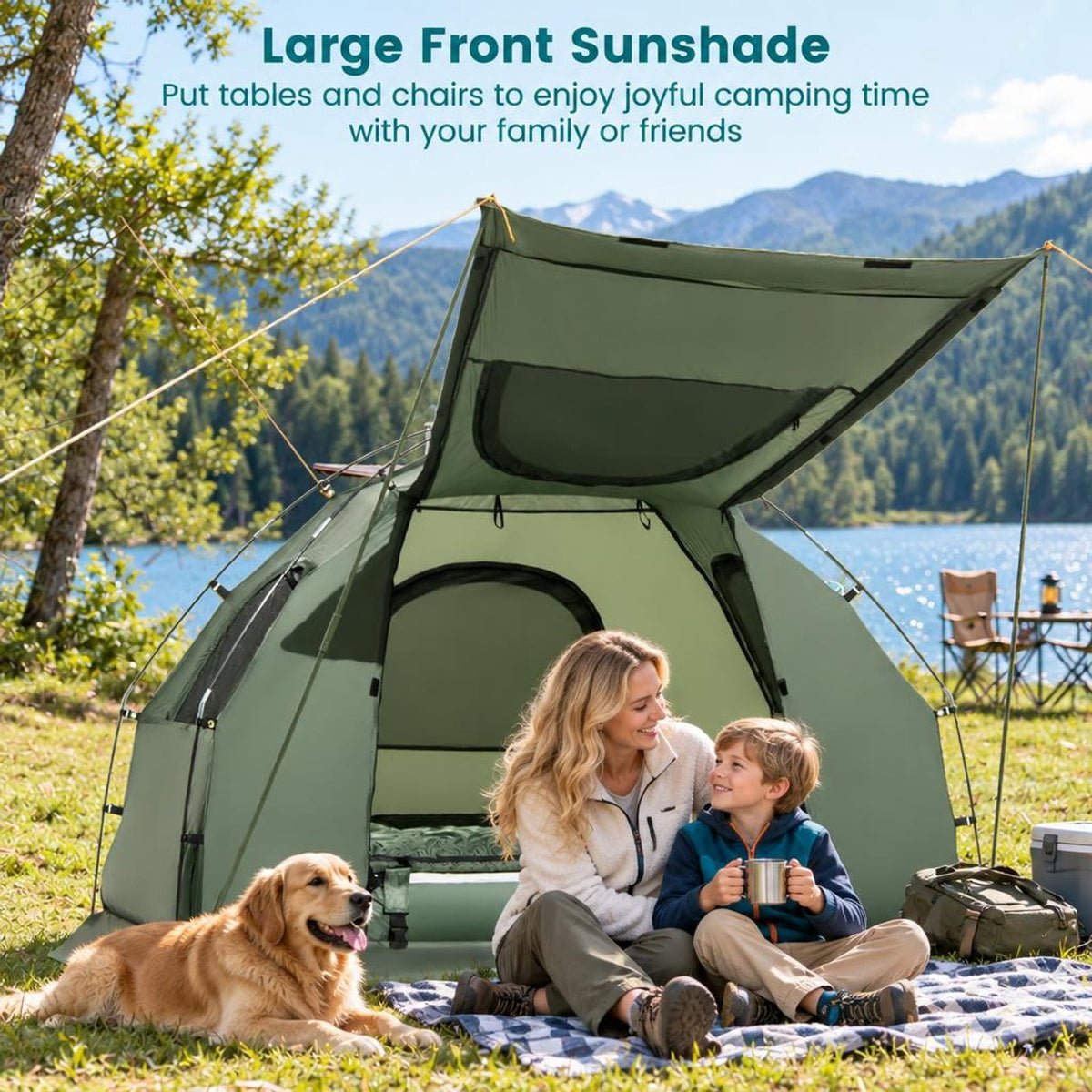 Airfind 1-Person Folding Camping Tent with Sunshade and Air Mattress, 300 lbs Capacity, 77 Inch x 35 Inch x 66 Inch Footprint, Green