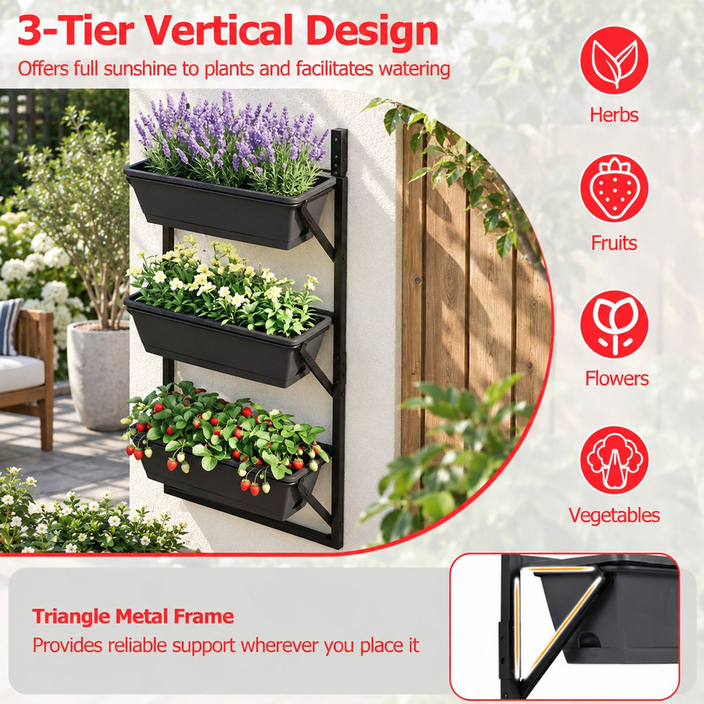 Airfind Deck Railing Planter Boxes with Adjustable Brackets and 3-Tier Design for Porch Patio, Black, Side holes make it easy to add and drain water