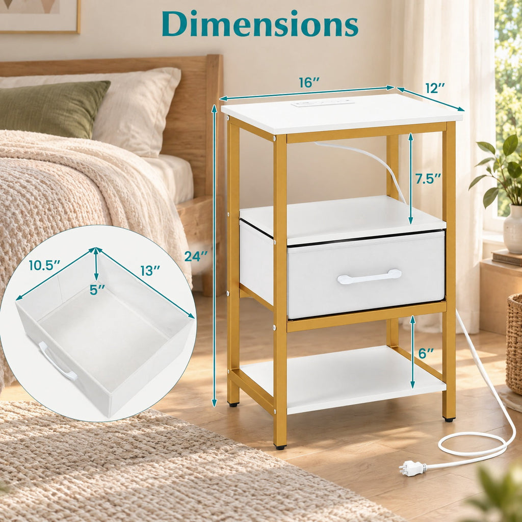 Airfind Nightstand with Charging Station and Adjustable Fabric Drawer for Bedroom and Living Room-1 Piece, 44 lbs Capacity, White and Gold