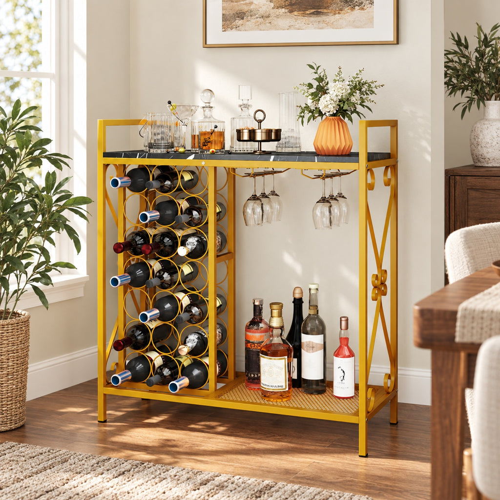 Airfind 21 Bottle Wine Rack Freestanding Floor Wine Bottle Organizer with Glass Holder, 44 lbs Capacity, Metal Engineered Wood Frame, Rustic Brown
