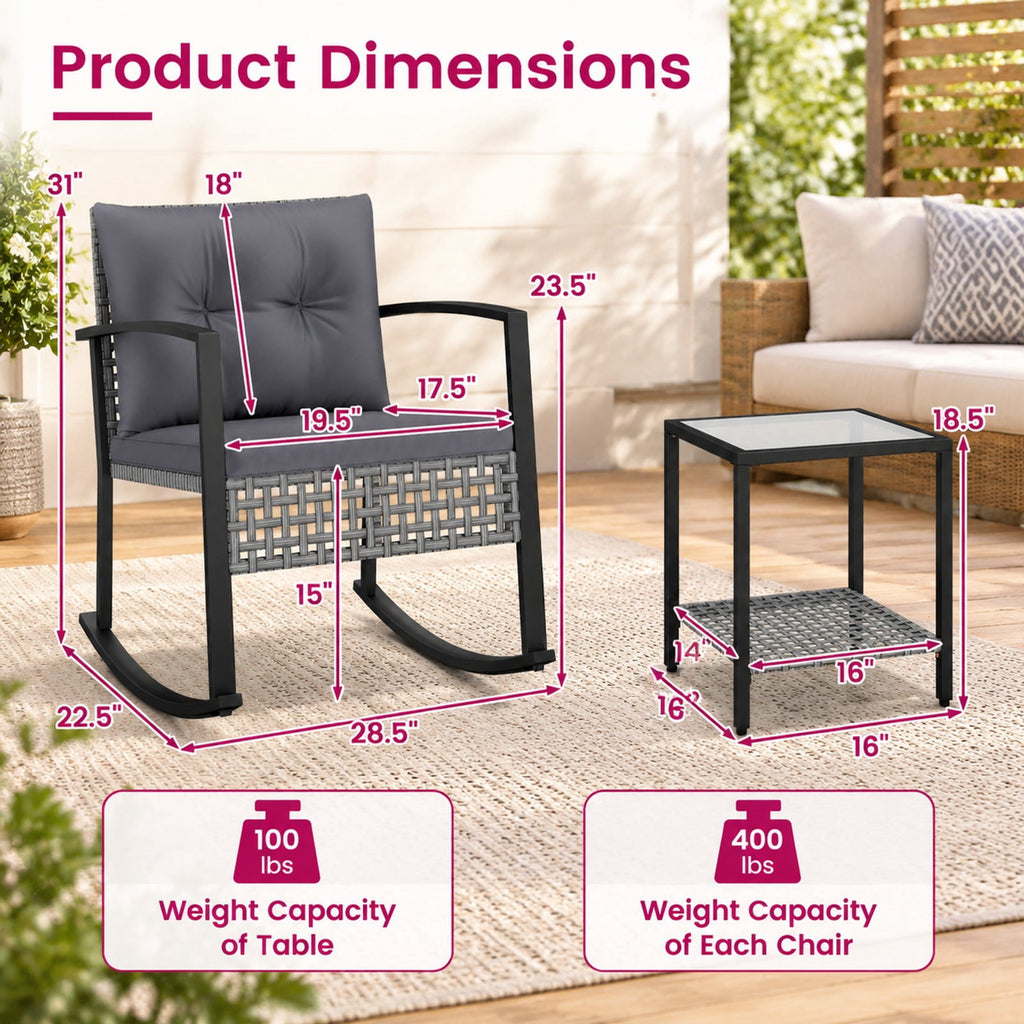Airfind 3-Piece Outdoor Rocking Chair Set for Garden, 100 lbs Capacity, 28.5 x 22.5 x 31 Footprint, Gray