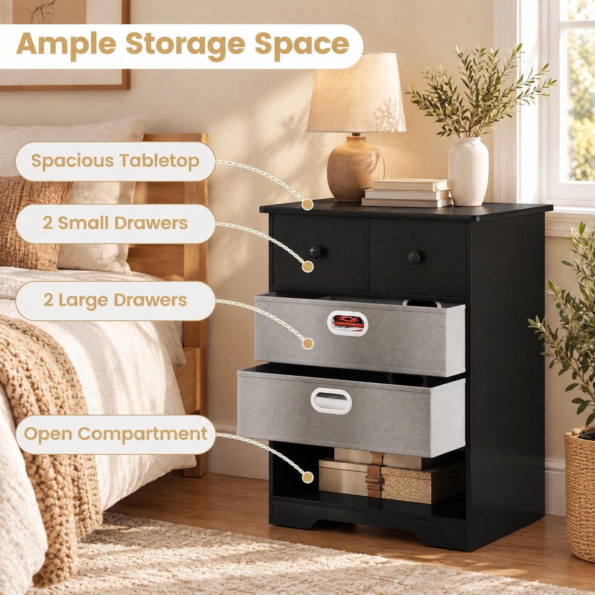 Airfind 4-Drawer Dresser Modern Chest Storage Organizer with Open Shelves, 100 lbs Capacity, Engineered Wood MDF Fabric Frame, Black