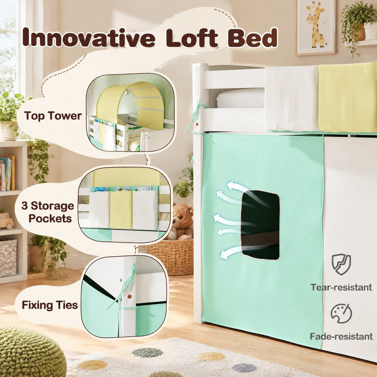 Airfind Twin Size Loft Bed Playhouse Bed Frame with Tower Tent and 3 Storage Pockets, of Bed 400 lbsMax Capacity