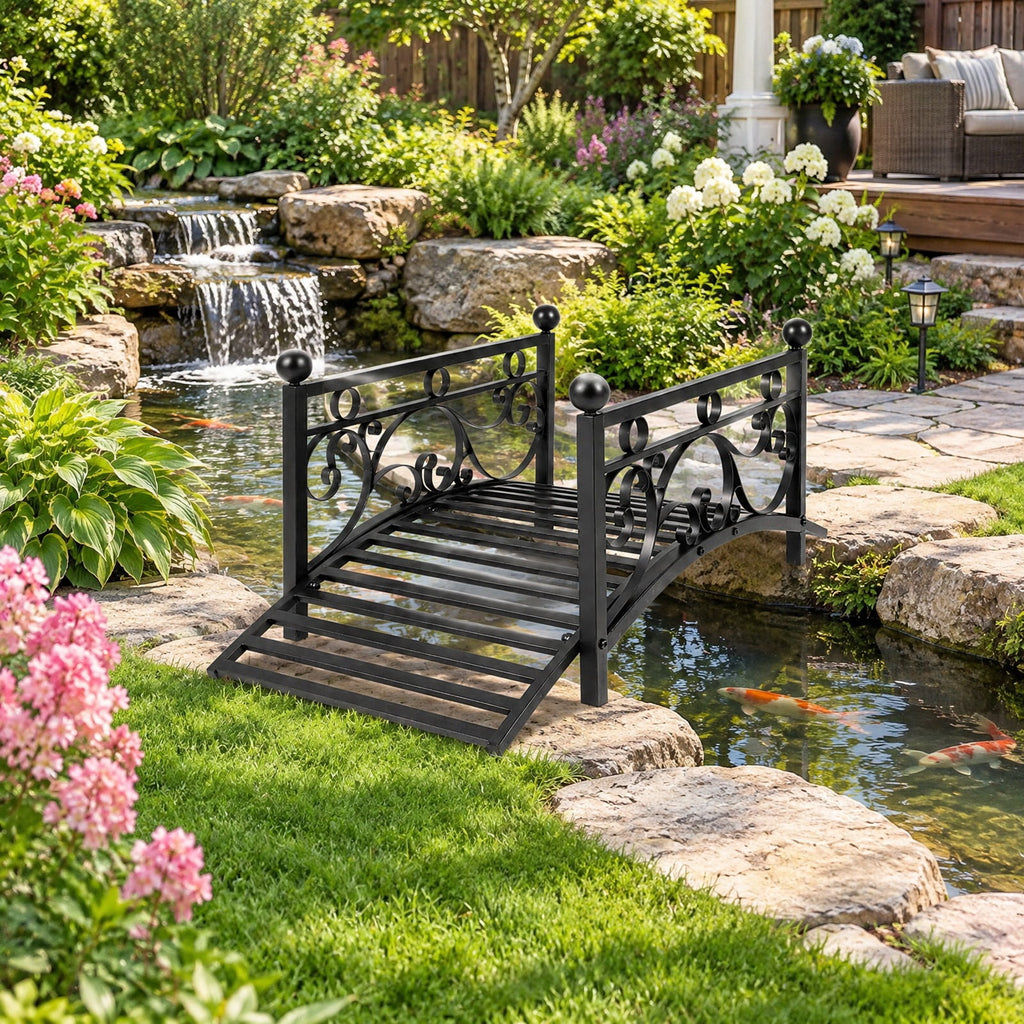 Airfind 3.3 ft Garden Metal Bridge with Dual Patterned Side Rails, 330 lbs Capacity, Metal Frame, 40 x 18 x 17 Footprint, Black